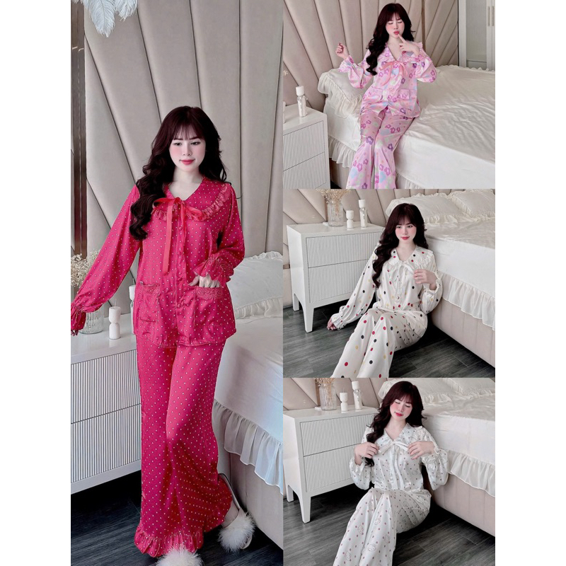 40-58kg Bộ pijama - set ngủ mặc nhà tiểu thư phối ren dễ thương lụa Latin