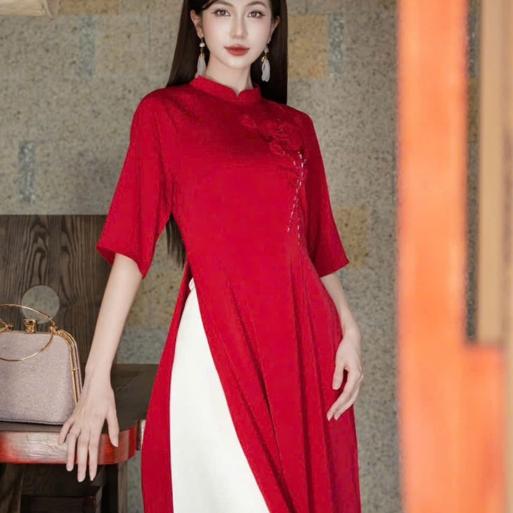 Áo dài cách cộc tay màu đỏ kết hoa lụa kèm quần lụa trắng JOLIE