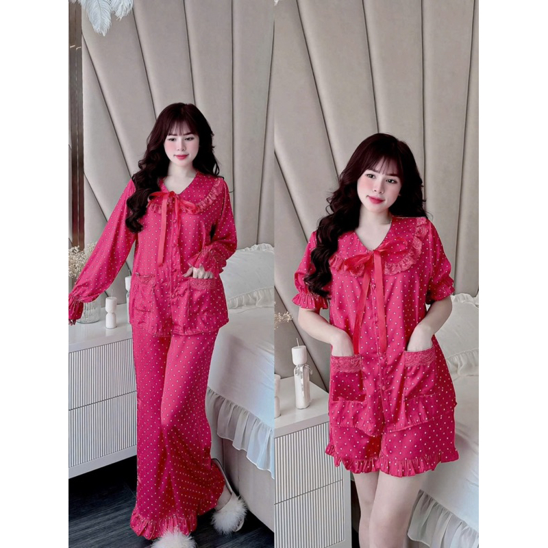 40-58kg Bộ pijama - set ngủ mặc nhà tiểu thư phối ren dễ thương lụa Latin