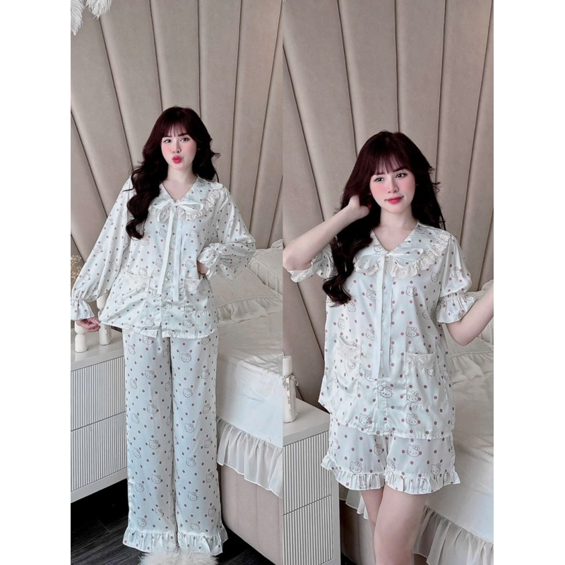40-58kg Bộ pijama - set ngủ mặc nhà tiểu thư phối ren dễ thương lụa Latin