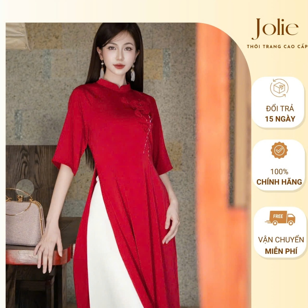 Áo dài cách cộc tay màu đỏ kết hoa lụa kèm quần lụa trắng JOLIE