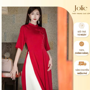 Áo dài cách cộc tay màu đỏ kết hoa lụa kèm quần lụa trắng JOLIE