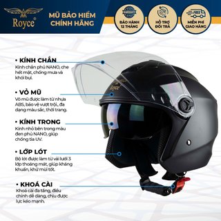 Mũ bảo hiểm 3/4 Royce Xh01 có 2 lớp kính dành cho nam và nữ đi xe máy, bảo hành 12 tháng chính hãng