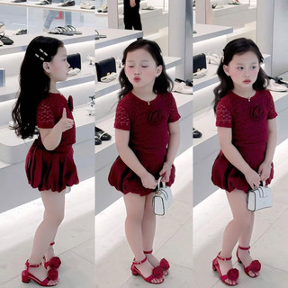 Bộ bé gái,Sét áo ren đỏ mix váy bí phồng cho bé gái