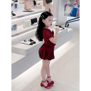 Bộ bé gái,Sét áo ren đỏ mix váy bí phồng cho bé gái
