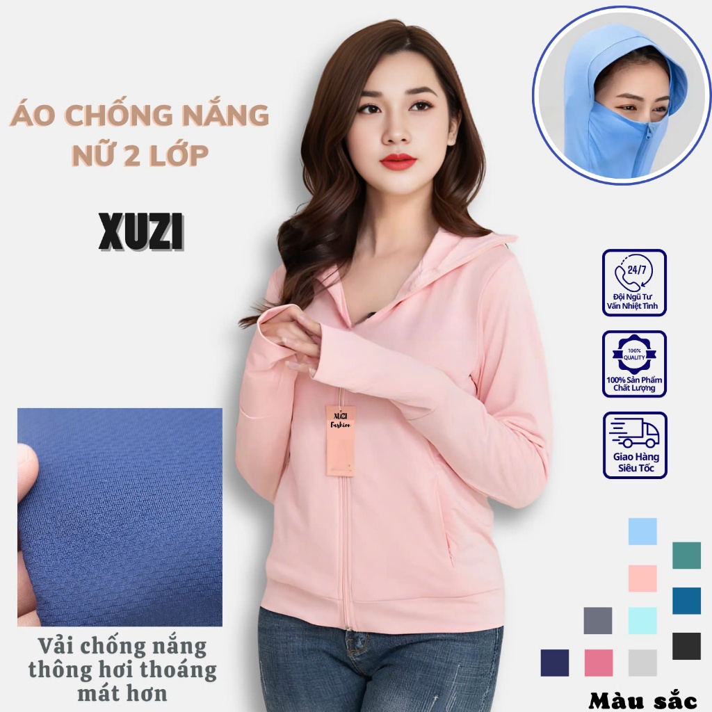 áo chống nắng nữ 2 lớp XUZI áo khoác chống nắng thân ngắn vải thông hơi đai gấu to dày dặn ngăn tia UV bảo vệ làn da