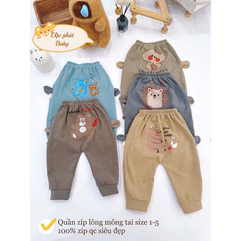 (1QT) Quần dài thu đông chất zip lông mông tai thú cho bé trai, bé gái từ 3-13kg