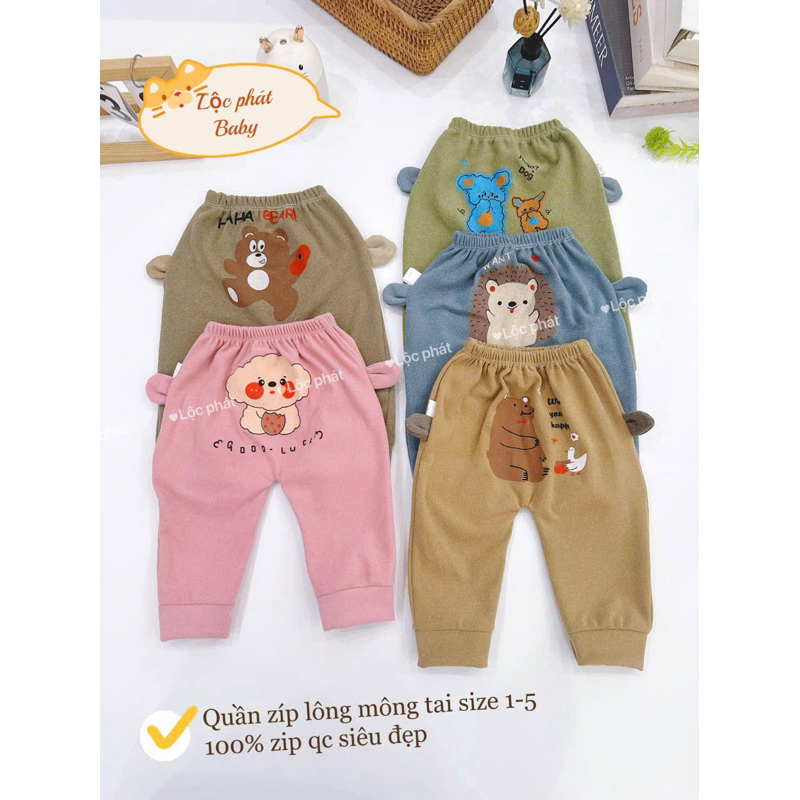 (1QT) Quần dài thu đông chất zip lông mông tai thú cho bé trai, bé gái từ 3-13kg