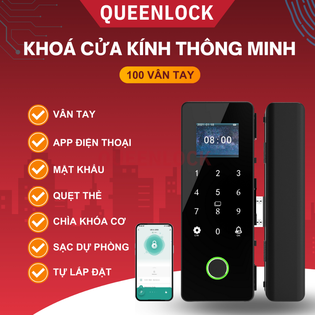 Khoá Vân Tay Dán Kính QUEENLOCK QL-US1100 Không Cần Khoan lỗ Dùng Cho ...