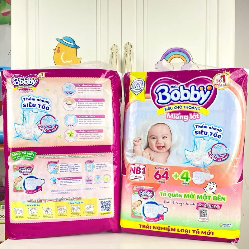 [MẪU MỚI TẶNG 4 MIẾNG] Miếng Lót Bobby Newborn 1 (64+4 miếng)