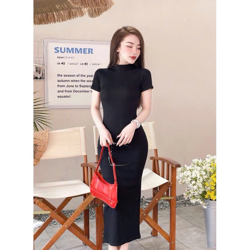 Váy body váy tay ngắn, váy chữ A, Đầm body thun tâm Tay Ngắn Cổ lọ xẻ sau cách điệu thời trang
