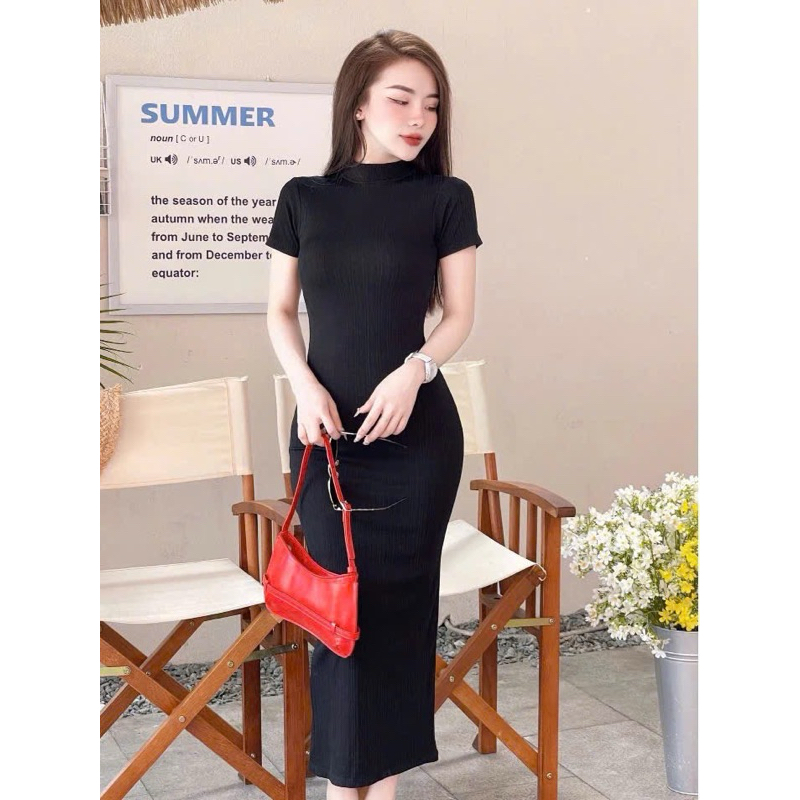 Váy body váy tay ngắn, váy chữ A, Đầm body thun tâm Tay Ngắn Cổ lọ xẻ sau cách điệu thời trang