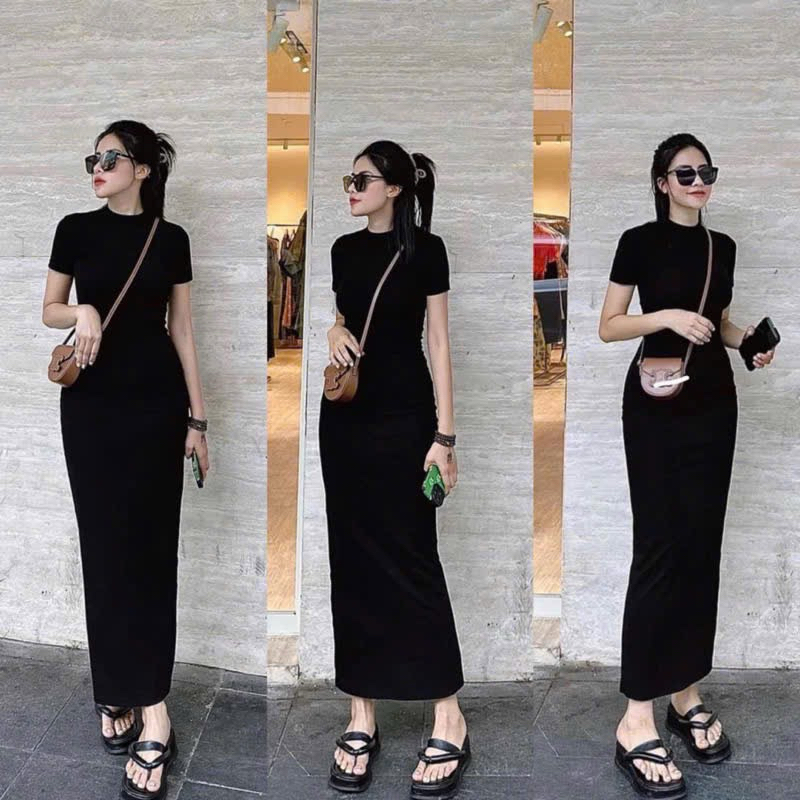 Váy body váy tay ngắn, váy chữ A, Đầm body thun tâm Tay Ngắn Cổ lọ xẻ sau cách điệu thời trang