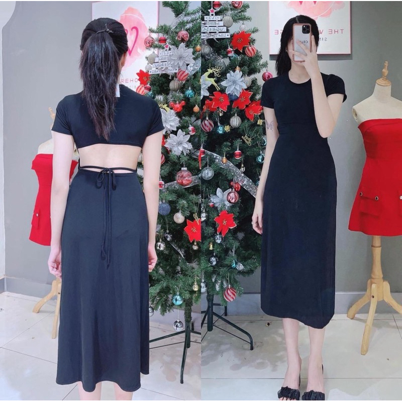 Đầm Body dáng dài maxi tay ngắn khoét lưng buộc dây thời trang bao tôn dáng xinh xắn