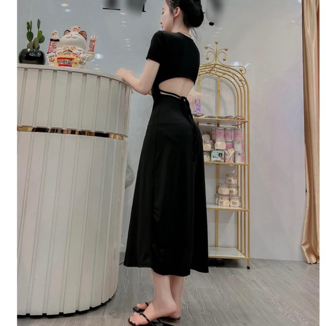 Đầm Body dáng dài maxi tay ngắn khoét lưng buộc dây thời trang bao tôn dáng xinh xắn