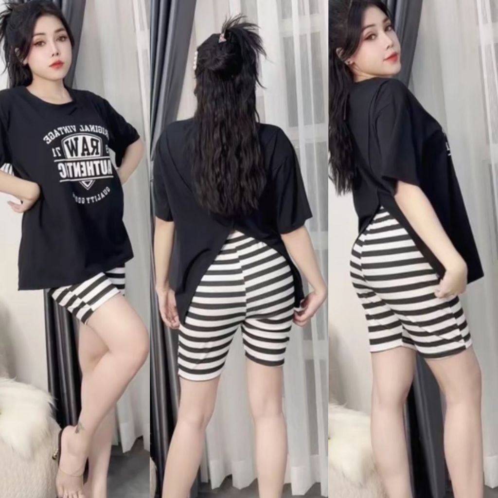 Đồ bộ nữ bigsize ESHOP đồ bộ mặc nhà áo xẻ tà một bên quần lửng ngố thun gân đẹp dễ thương đi chơi ngủ cute DB40