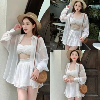 Set đi biển Áo sơ mi dài tay kèm áo bra đệm ngực mix quần short kèm lót gợi cảm tinh tế