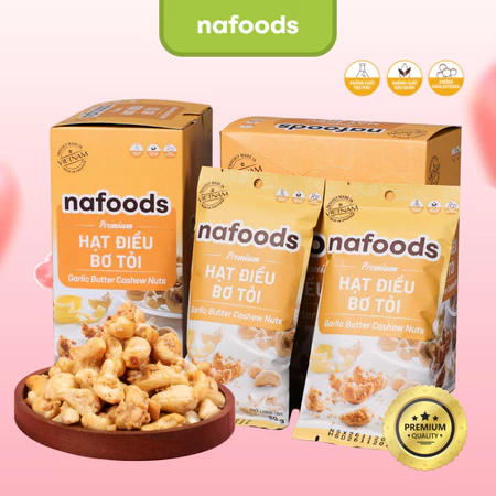 Hạt Điều Tẩm Vị Bơ Tỏi Nafoods Hộp 180g - Hạt Điều Rang Giòn Cao Cấp, Snack Ăn Vặt Thơm Ngon (30g/Gói x 6)