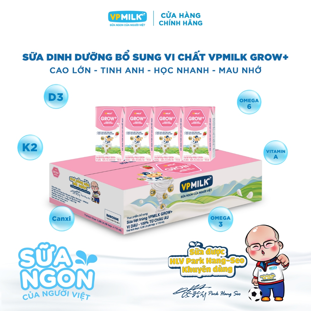 Ảnh Sữa Tiệt Trùng VPMilk Grow+ Vị Dâu 110ml Cho Bé Từ 1 Tuổi (4 hộp x 6) 3
