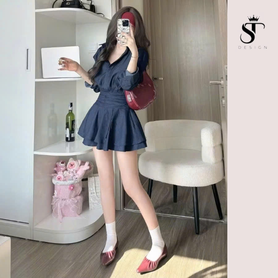 Váy bò Denim thiết kế dài tay nhúm eo chân váy tầng cao cấp ST Design tặng kèm quần trong - 07