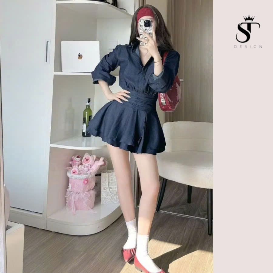 Váy bò Denim thiết kế dài tay nhúm eo chân váy tầng cao cấp ST Design tặng kèm quần trong - 07