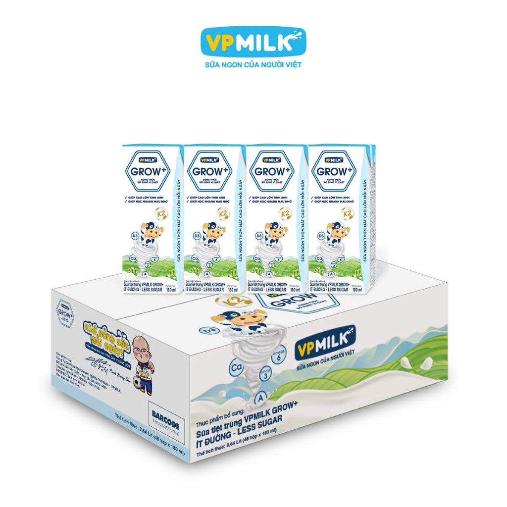 Ảnh Sữa Tiệt Trùng VPMilk Grow+ ít đường thể tích 180ml (lốc 4 hộp x 6) 3
