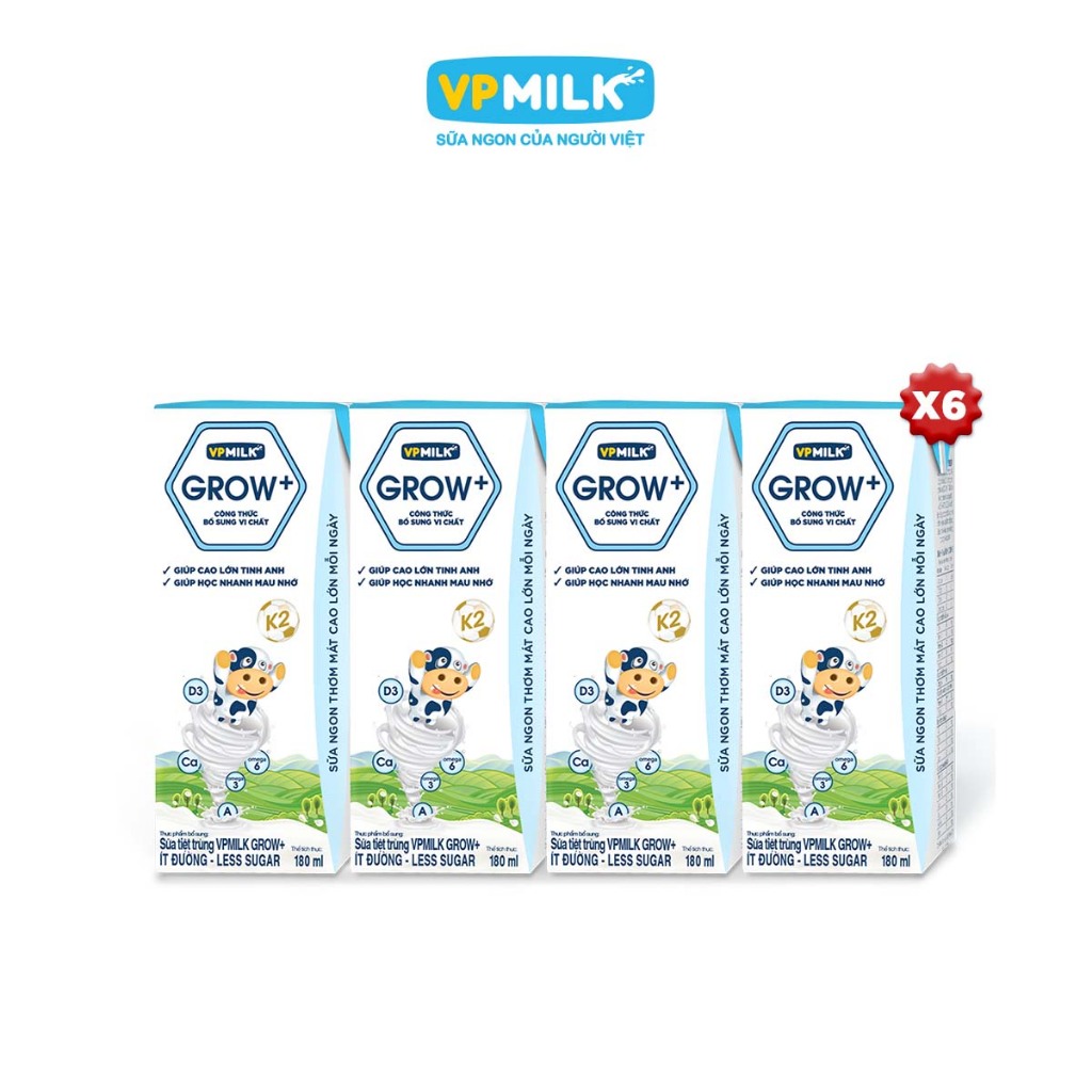 Ảnh Sữa Tiệt Trùng VPMilk Grow+ ít đường thể tích 180ml (lốc 4 hộp x 6) 2