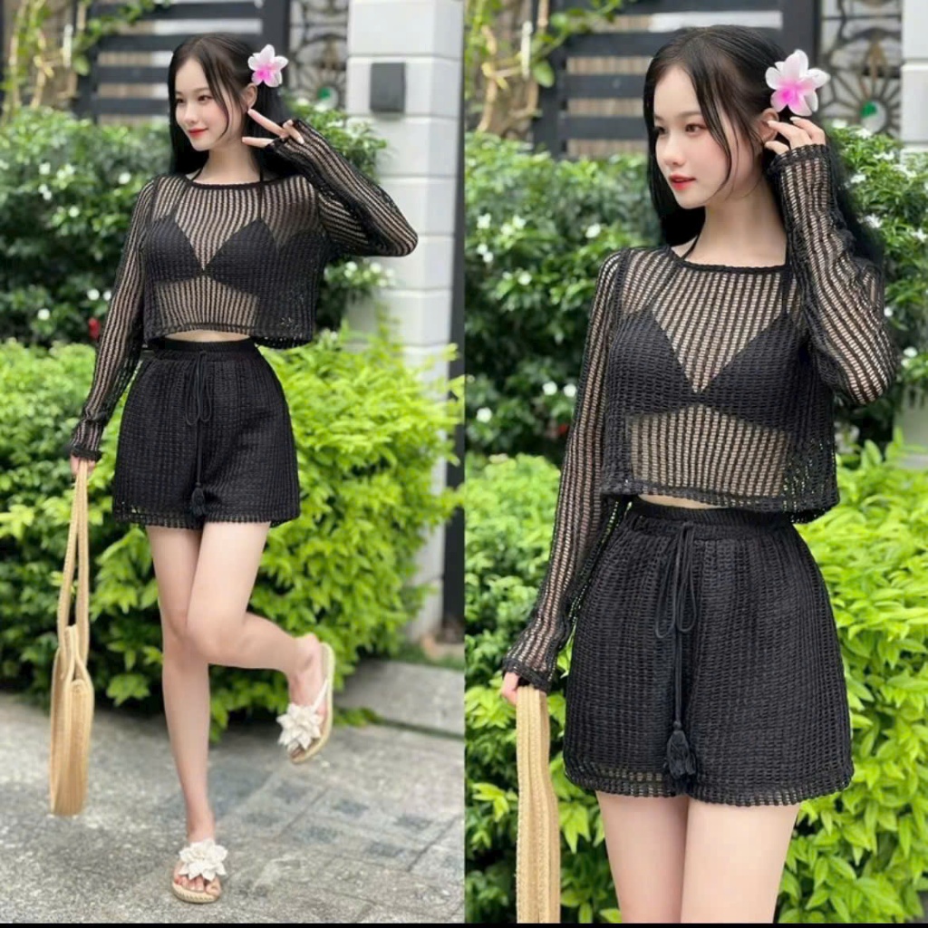 MS977, SÉT BIKINI 3 MÓN ÁO CROTOP TAY DÀI,BRA TAM GIÁC QUẦN CẠP CAO 2 LỚP Trẻ Trung