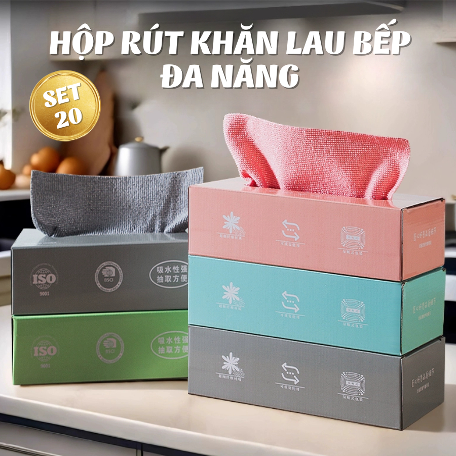 Hộp 20 Khăn Lau Đa Năng, Khăn Lau Bảng, Khăn Vải Lau Bếp, Lau Bát Đĩa Tái Sử Dụng Siêu Thấm Hút