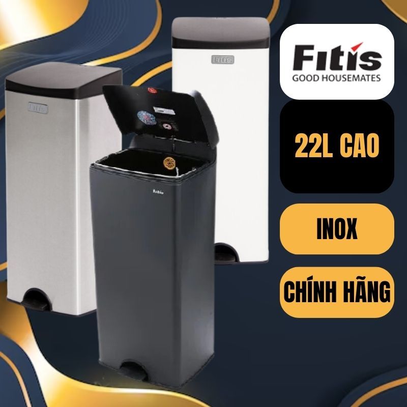 Thùng Rác INOX FITIS Cỡ Trung 22l đạp và nhấn chống bám vân tay sang ...