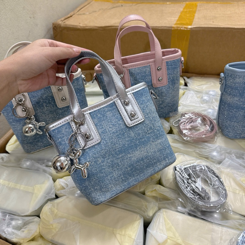 Túi xách nữ mini denim TẶNG KÈM MÓC đeo vai, đeo chéo Chất phối da phong cách thời trang Hàn Quốc (MIỄN SHIP)