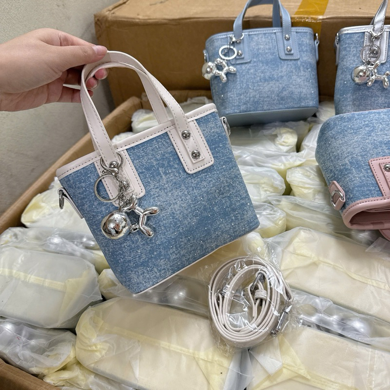 Túi xách nữ mini denim TẶNG KÈM MÓC đeo vai, đeo chéo Chất phối da phong cách thời trang Hàn Quốc (MIỄN SHIP)