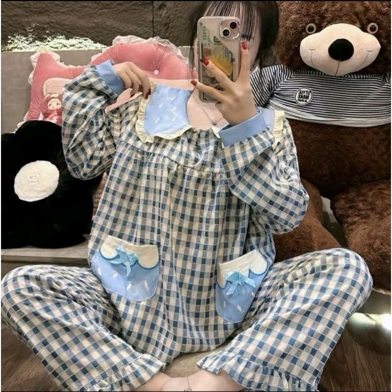 Đồ bộ đũi xốp nhung tay dài dáng babydoll phối túi dâu đáng yêu