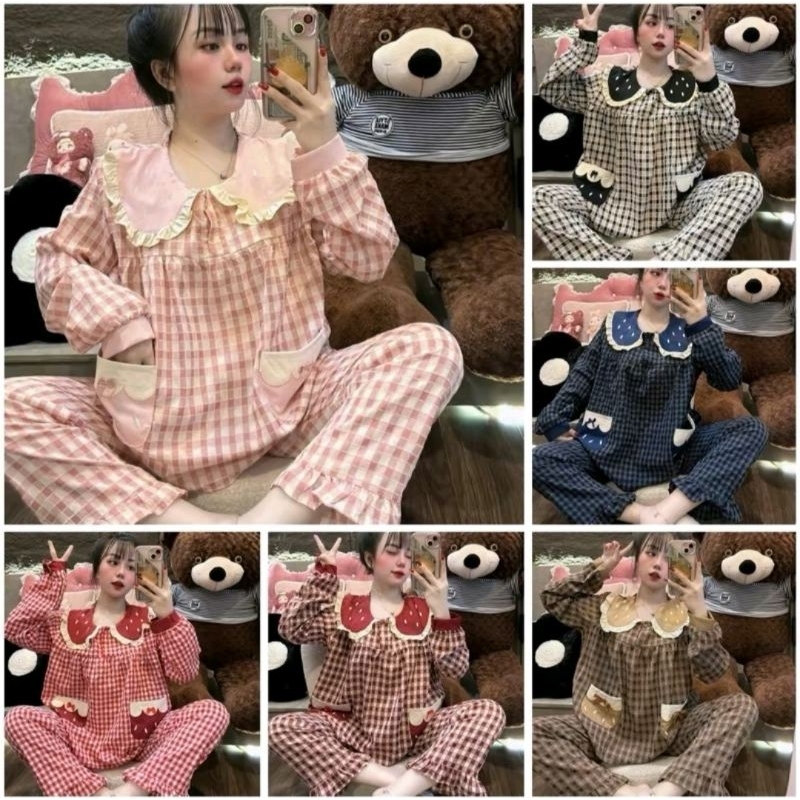 Đồ bộ đũi xốp nhung tay dài dáng babydoll phối túi dâu đáng yêu