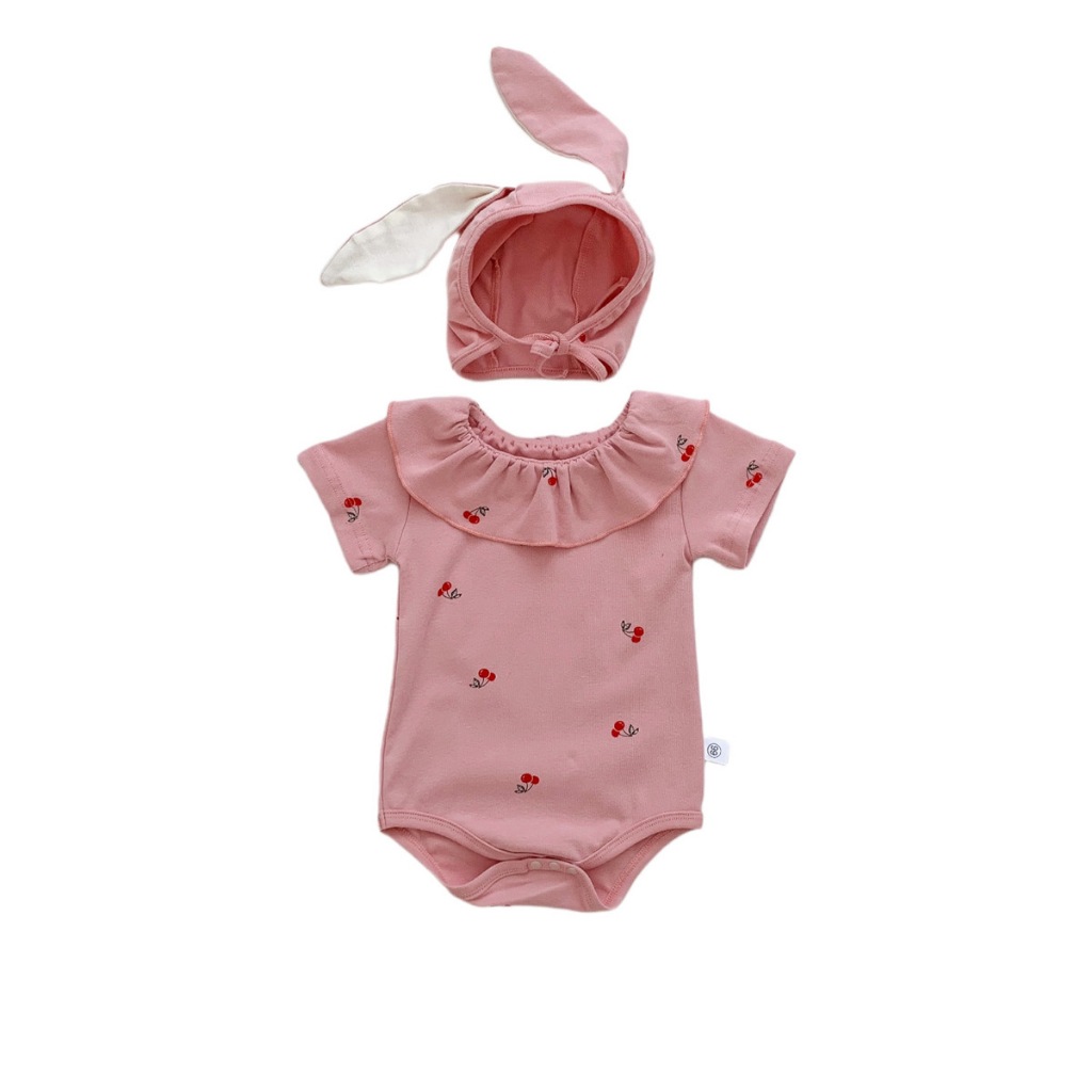 (HÀNG CÓ SẴN) QC Set thỏ cherry tặng kèm mũ cho bé, hàng quảng châu vải mềm mịn cho bé gái 5-13kg