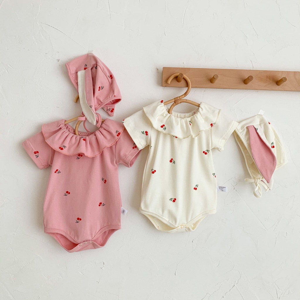 (HÀNG CÓ SẴN) QC Set thỏ cherry tặng kèm mũ cho bé, hàng quảng châu vải mềm mịn cho bé gái 5-13kg