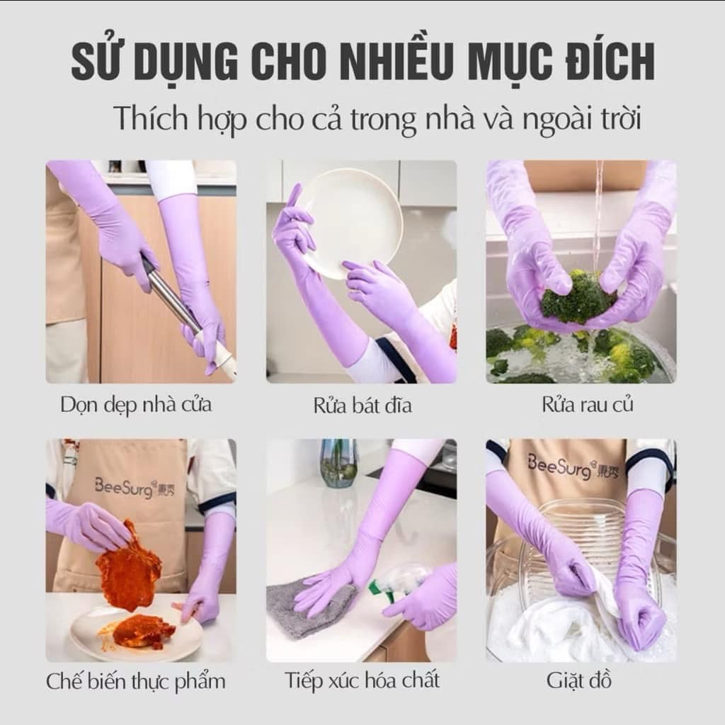 BỊCH 10 ĐÔI GĂNG TAY CAO SU SIÊU DAI BEESURG DÀI 35CM TRÁNH NƯỚC CHẢY VÀO TAY