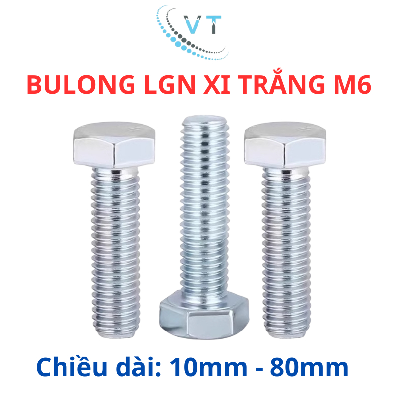 Combo 10 bộ bulong + tán đầu lục giác M6 mạ kẽm xi trắng