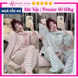 Đồ ngủ nữ 40-60kg, pijama dài tay cổ sen đũi lạnh mềm mát 60DD05, đồ bộ nữ đồ mặc nhà tiểu thư dễ thương