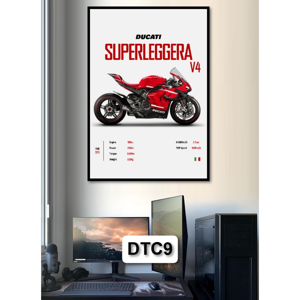 Tranh Poster Siêu Xe Mô Tô Ducati (Dư Cả Tỉ) Tráng Gương Có Khung Decor Phòng Khách Phòng Game