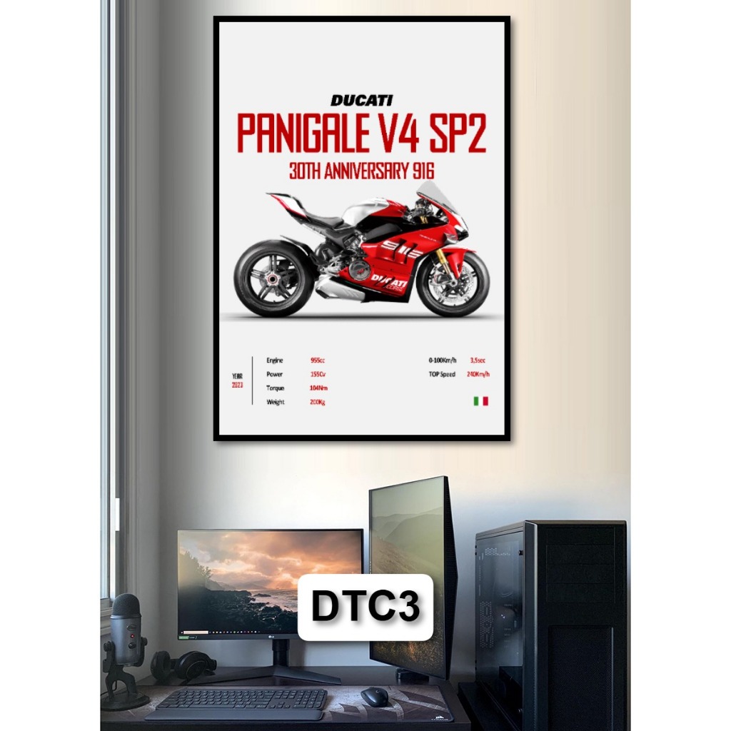 Tranh Poster Siêu Xe Mô Tô Ducati (Dư Cả Tỉ) Tráng Gương Có Khung Decor Phòng Khách Phòng Game