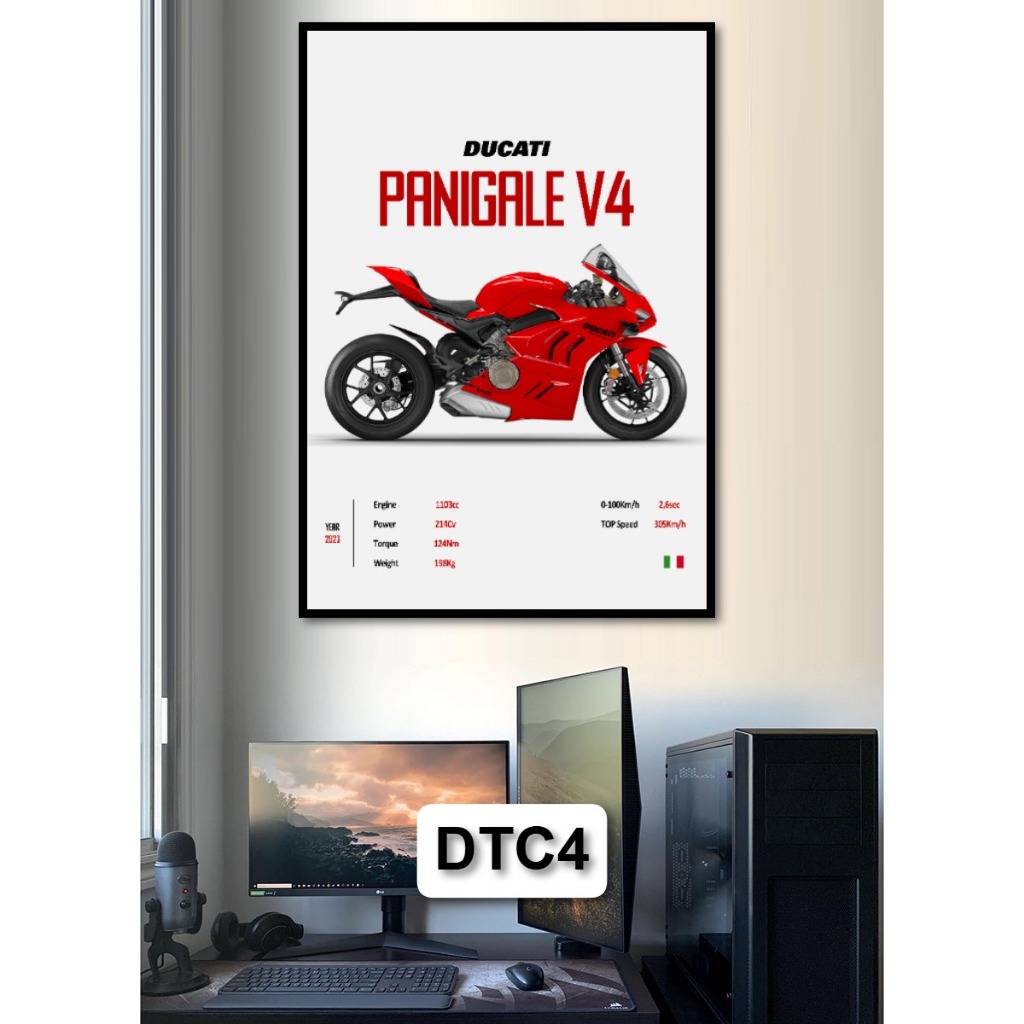 Tranh Poster Siêu Xe Mô Tô Ducati (Dư Cả Tỉ) Tráng Gương Có Khung Decor Phòng Khách Phòng Game