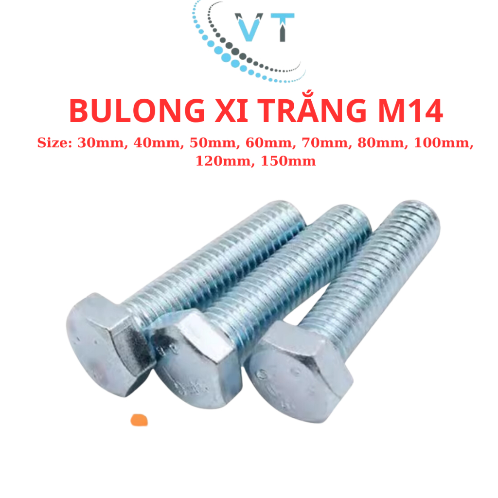 Combo 10 bulong mạ kẽm 8.8 size M14 đầu lục giác ngoài size từ 30mm - 150mm