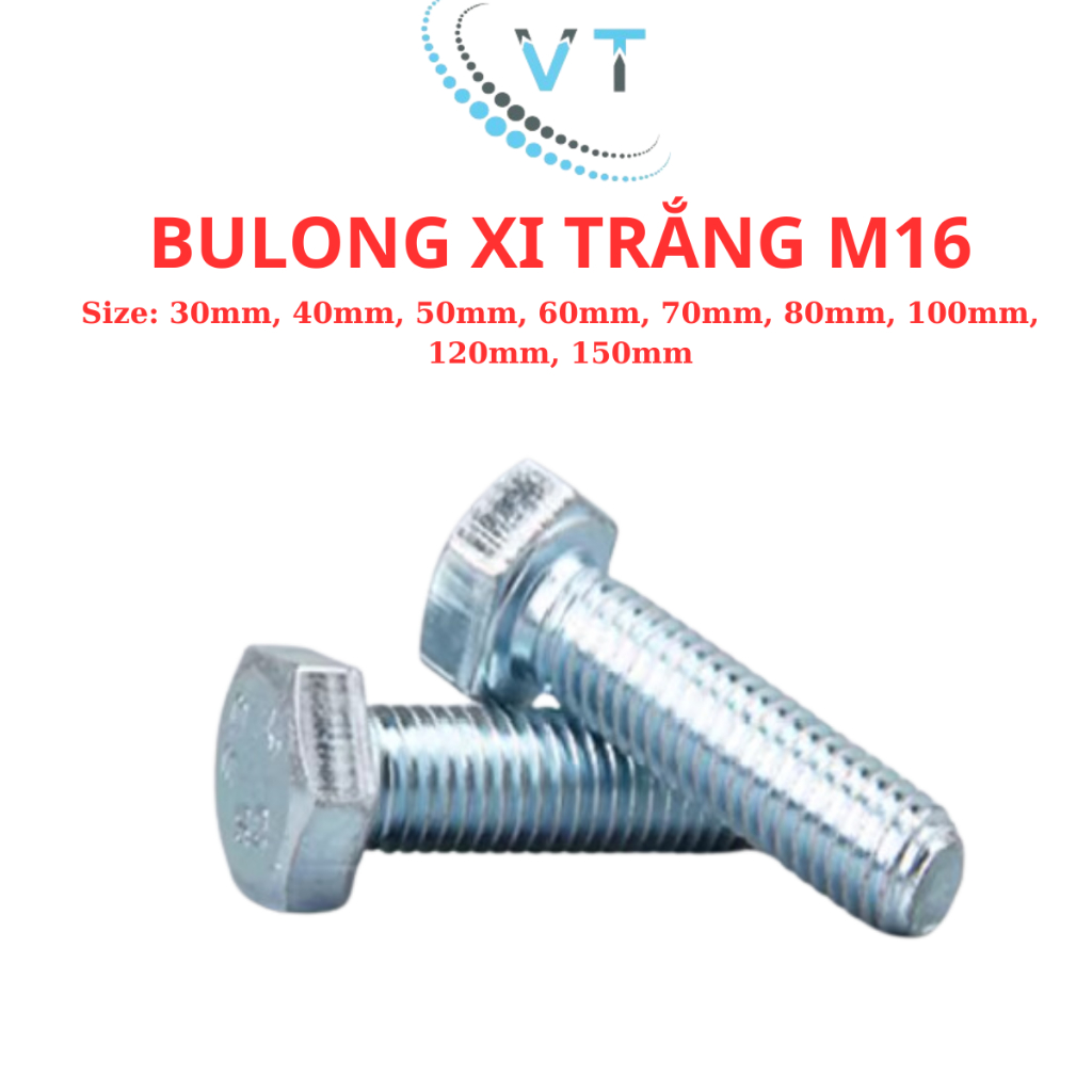 Combo 10 bulong + tán mạ kẽm 8.8 size M16 (16 li) đầu lục giác ngoài đủ size từ 30mm - 150mm