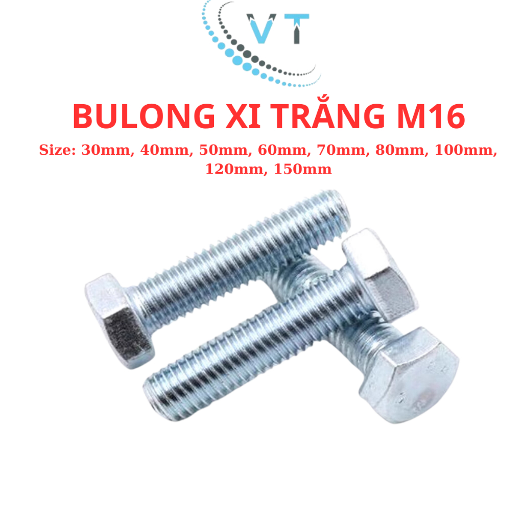 Combo 10 bulong + tán mạ kẽm 8.8 size M16 (16 li) đầu lục giác ngoài đủ size từ 30mm - 150mm