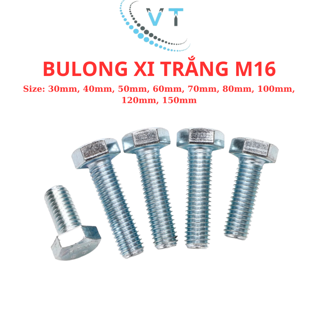 Combo 10 con bulong mạ kẽm 8.8 size M16 (16 li) đầu lục giác ngoài đủ size từ 30mm - 150mm