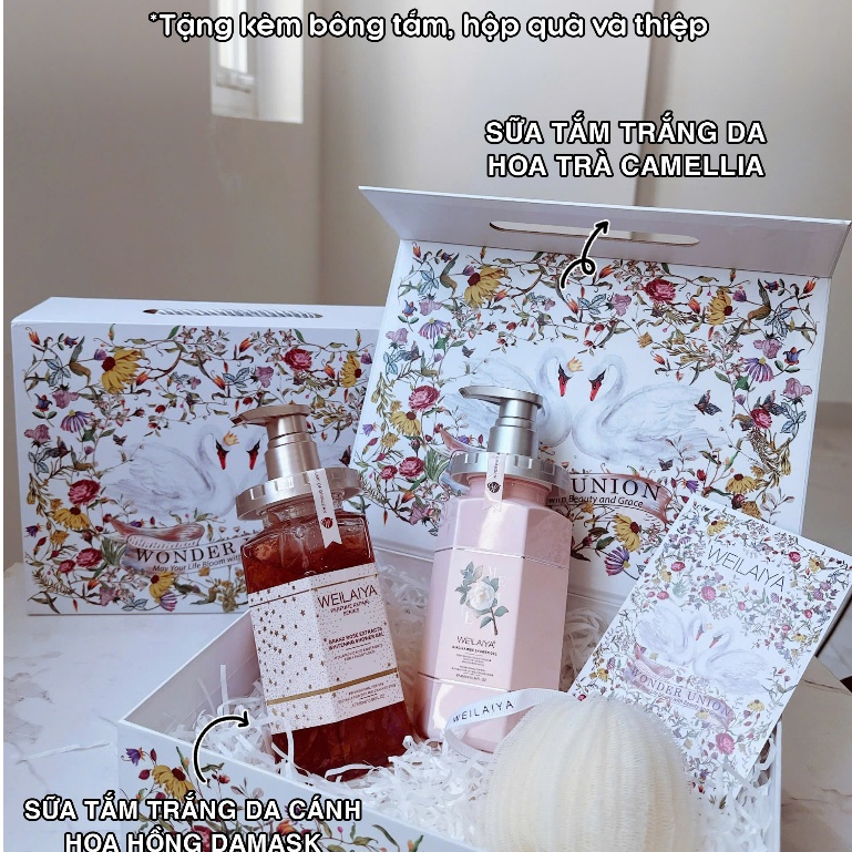 Ảnh Sữa tắm trắng da cánh hoa hồng Damask 450ml và Sữa tắm trắng da, làm sạch da toàn thân Niacinamide WEILAIYA 450ml 2