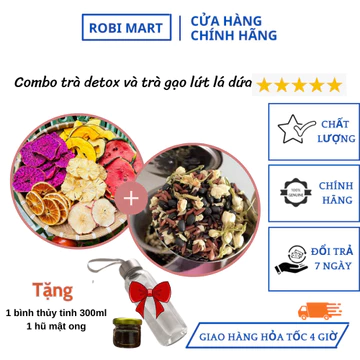 Combo 60 gói trà gạo lứt + trà detox Robimart giảm cân, đẹp da - tặng bình thủy tinh, mật ong