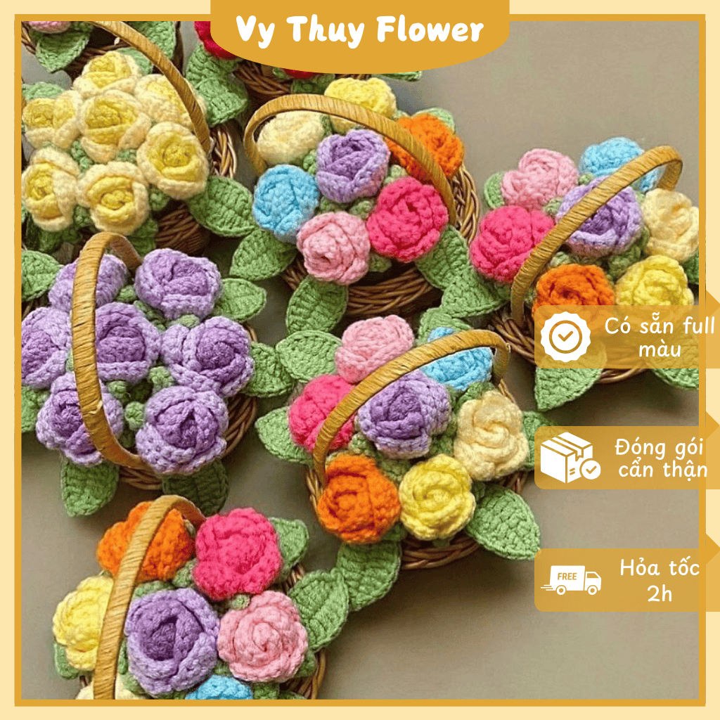 Giỏ hoa len để bàn hoặc treo gương xe, taplo xe hơi trang trí tự chọn ...