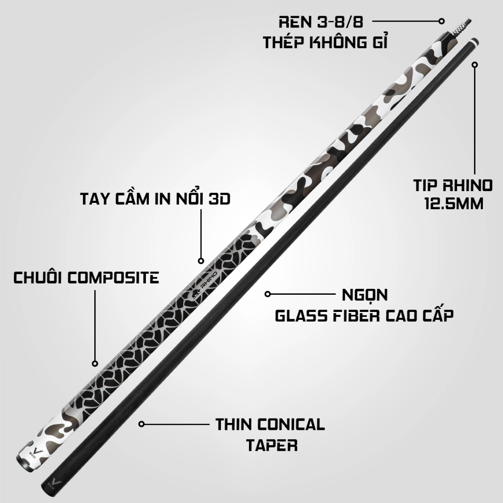 Ảnh Gậy Bida Lỗ Rhino EVO Camo - Urban - Ngọn Sợi Thủy Tinh - Chính Hãng 3